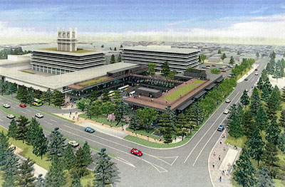 県の登大路バスターミナルの最終案。西棟（左側）について3階建てから2階建てへと規模を縮小した＝県配布資料