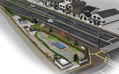 道路建設に伴い、外堀跡の一角に設けられる公園の完成想像図（写真手前）＝大和郡山市ホームページから