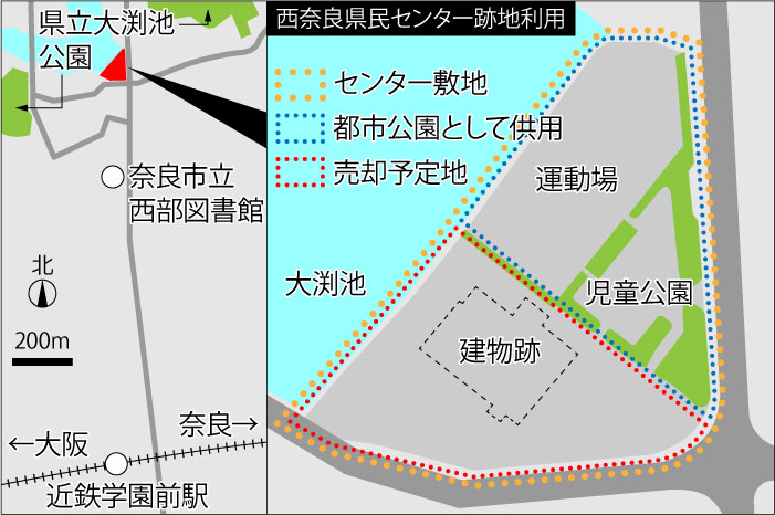 県が売却を予定している西奈良県民センター跡地の位置図（作成「奈良の声」）