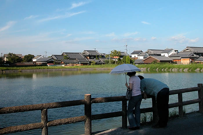 溜め池と家並み＝2014年9月、奈良市（撮影・浅野詠子）