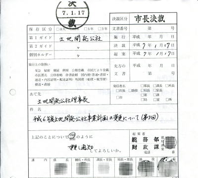 奈良市土地開発公社の事業計画を変更、浅川氏の土地取得を起案する市の文書（部分）（画像の一部を加工しています）