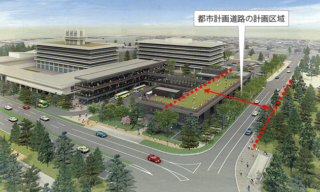 県が公表した登大路ターミナルの想像図に都市計画道路の計画区域を示した