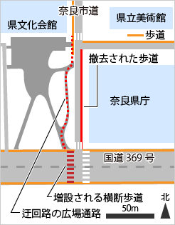 撤去された歩道と迂回路の広場通路、増設される横断歩道の位置図