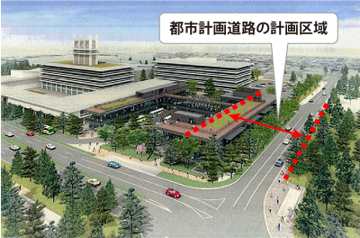 登大路バスターミナルの完成予想図と都市計画道路の計画区域（「奈良の声」作成）