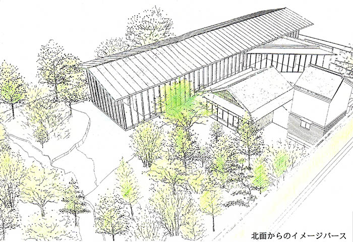 奈良市が開示した絹谷幸二氏の美術館のデザイン画（市文化振興課によると、安藤忠雄氏によるものと推察される）。奥の細長い建物の所に庫裏、座敷棟があった