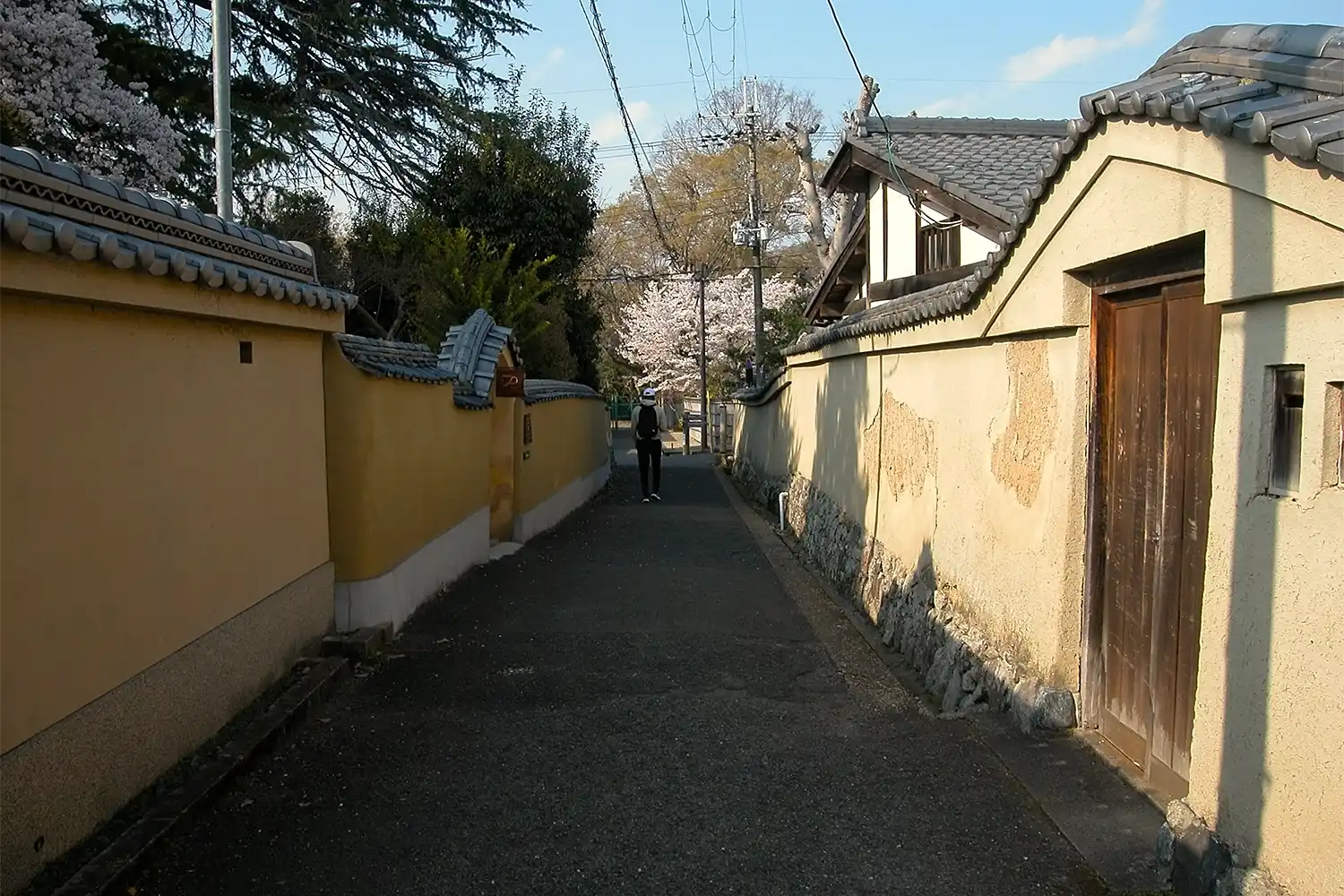 「高畑サロン」の志賀直哉旧居（右）と足立源一郎旧居（現・中村家住宅、左）の土塀が向き合う小道＝2025年4月7日、奈良市高畑町、浅野詠子撮影