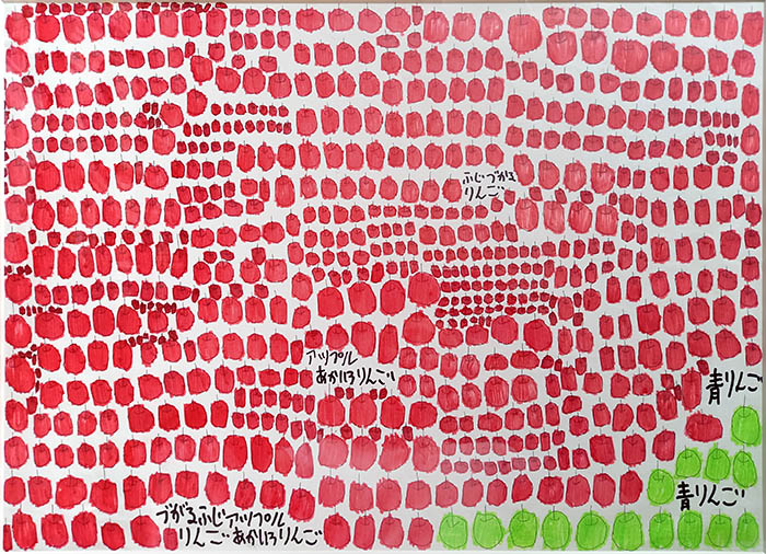 筆者のアートコレクションから大倉史子（おおくら・ふみこ、1984年生まれ）「赤いりんご／青いりんご」。作者は埼玉県在住、「川口太陽の家・工房集」所属